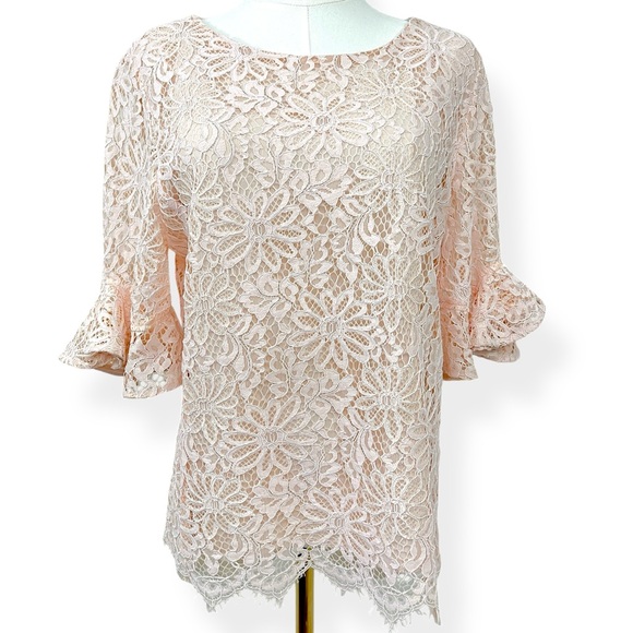 Nanette Lepore Floral Lace Crew Neck Bell Sleeve Top Shirt Large Light Pink - Picture 4 of 14
